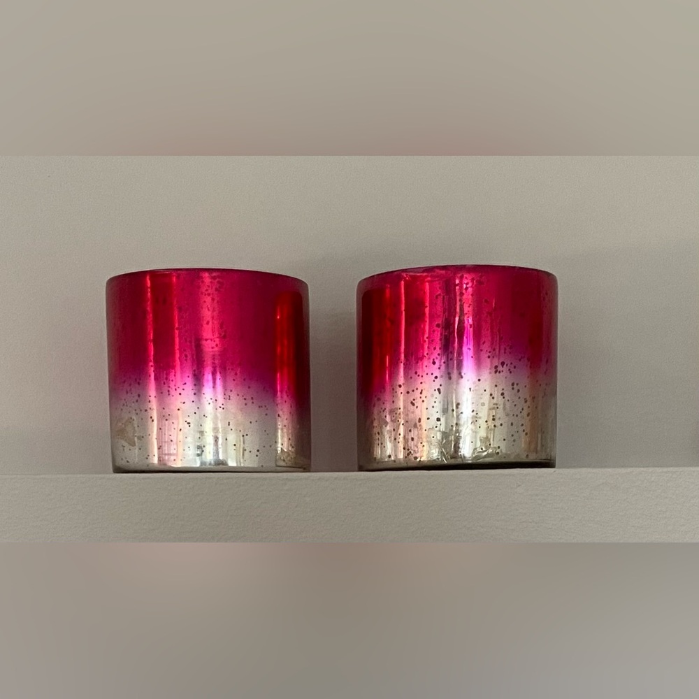 Two pink and white silver speckled ombré candle holders votives